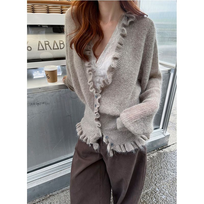 Crop Cardigan Vintage - Koreaanse Stijl V-hals Verstoorde Zoete Lange