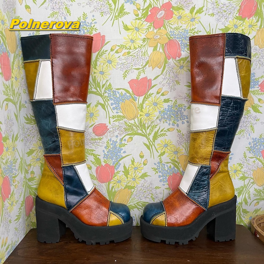 Vintage Fashion Boots - Vrouwen Retro Patchwork Lederen Kniehoge Laarzen