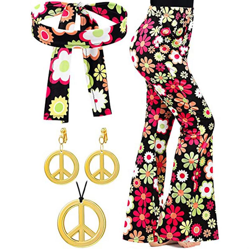 Wide Leg Trouser 70S - Bohemian Print Flared Broek Halloween Hoofdband