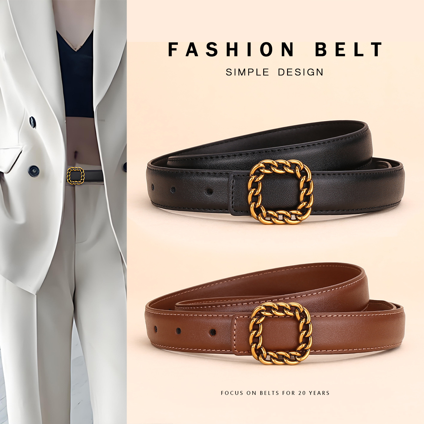 Vintage Fashion Looks - Dames Vintage Lederen Riem met Vierkante