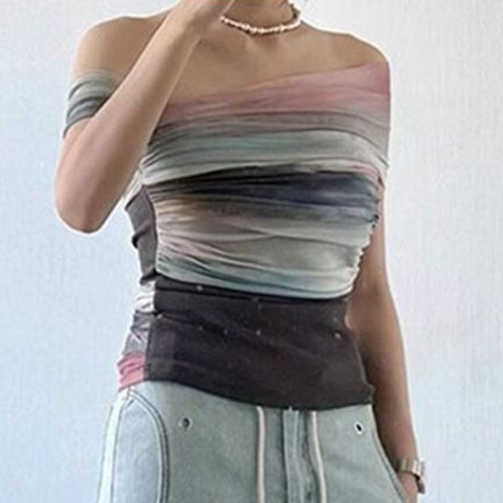 Tie Dye Shirt Vintage - Dames Zomer Mesh Tie-Dye Off-shoulder Slank