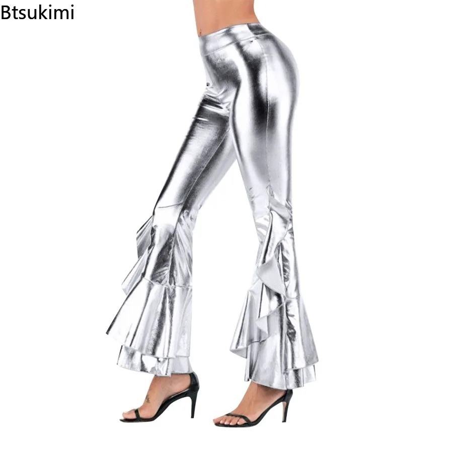 Wide Leg Trouser 70S - Glanzende flare-broek voor dames, metallic bell