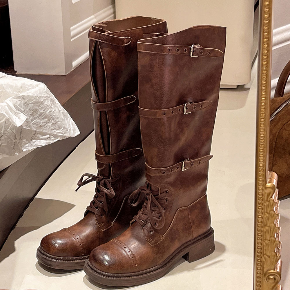 Vintage Fashion Boots - Dames Kniehoge Laarzen Vintage Riem Gesp