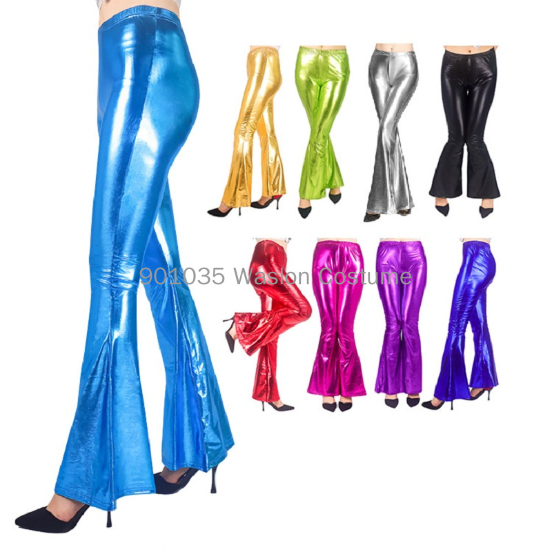Wide Leg Trouser 70S - Dames glanzende flare broek laser metallic