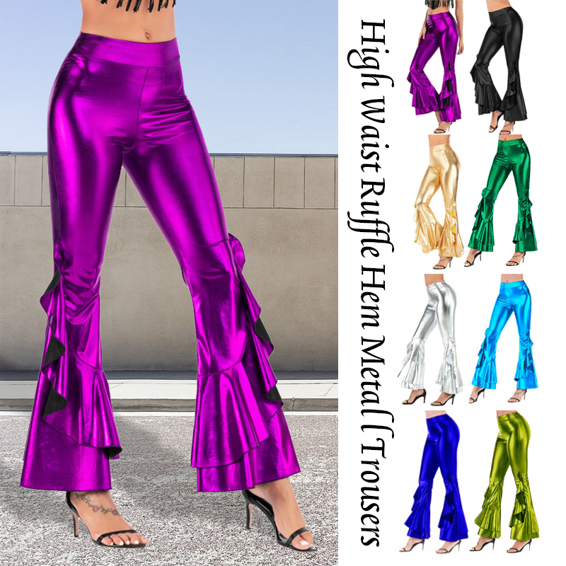 Wide Leg Trouser 70S - Dames glanzende flare broek laser metallic