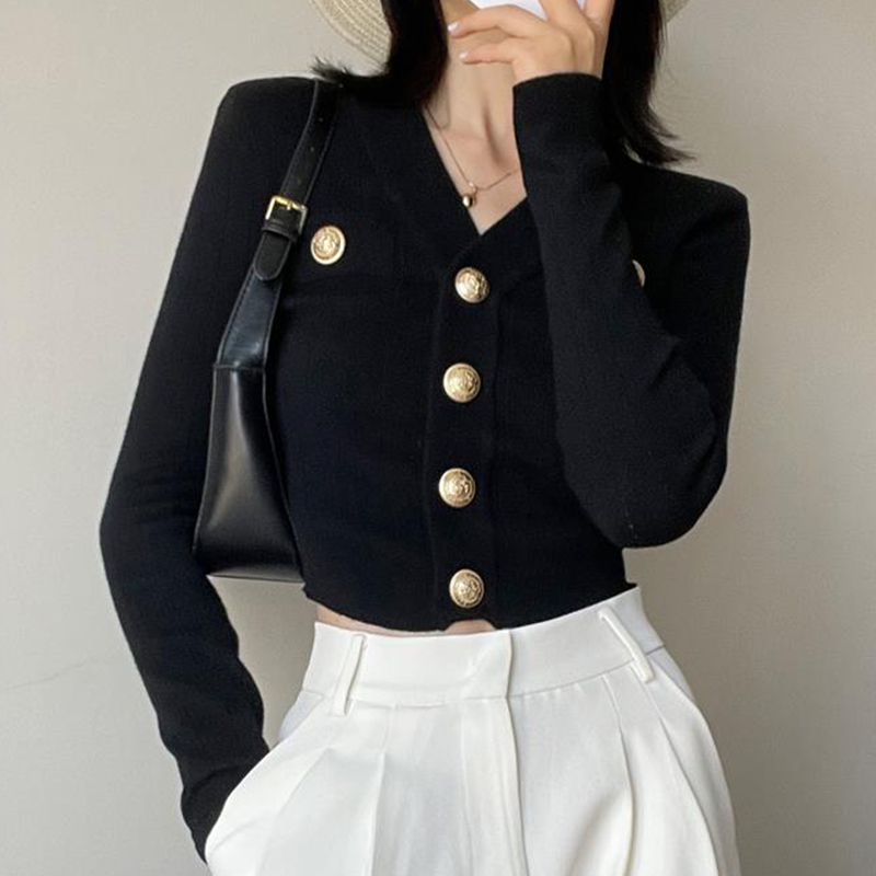 Crop Cardigan Vintage - Gouden knop voorkant gebreid vest dames