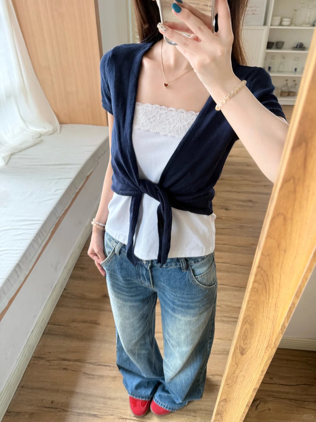 Crop Cardigan Vintage - Marineblauw Kant-up Vest Dames Katoen Slanke
