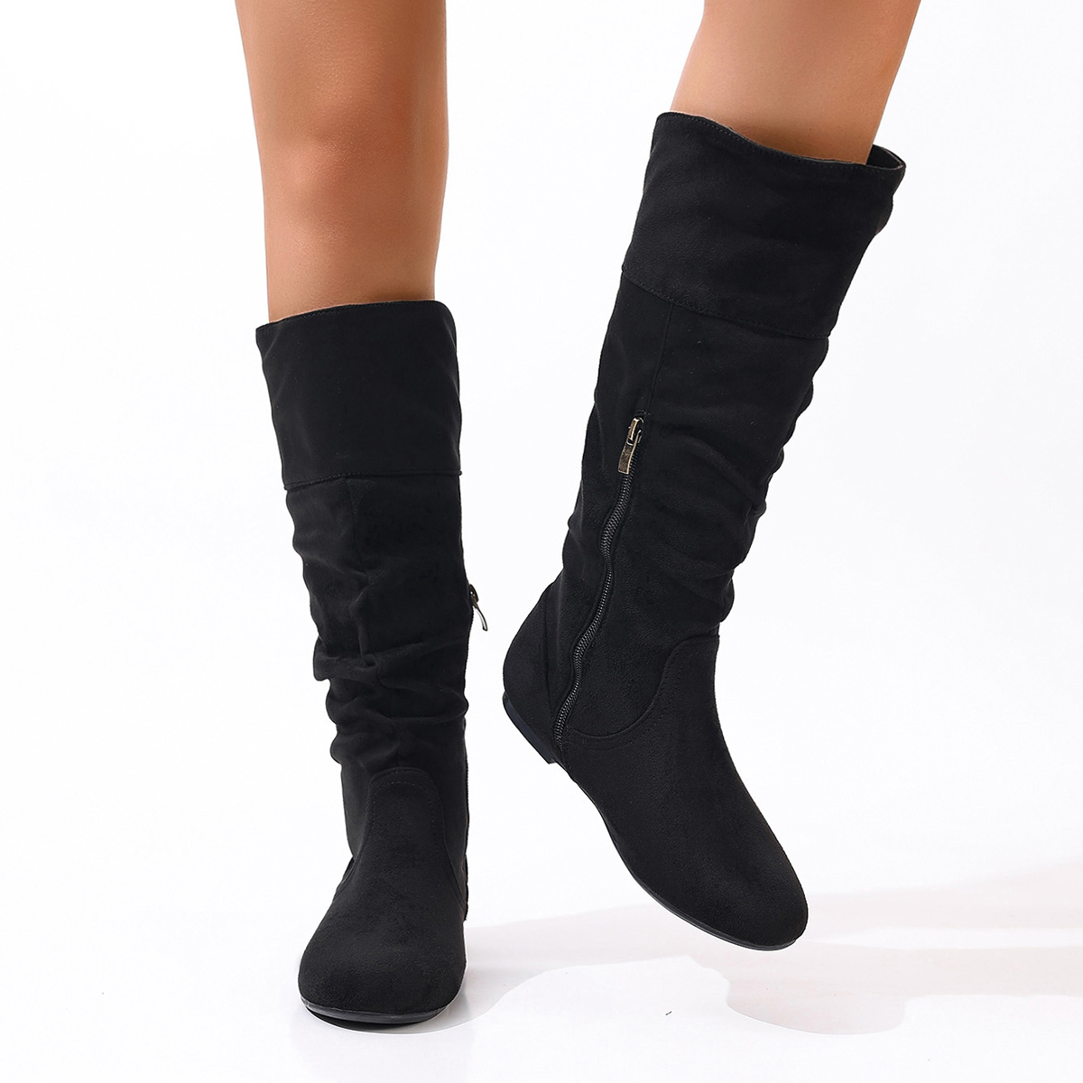 Vintage Fashion Boots - Europese en Amerikaanse effenkleurige geplooide hoge