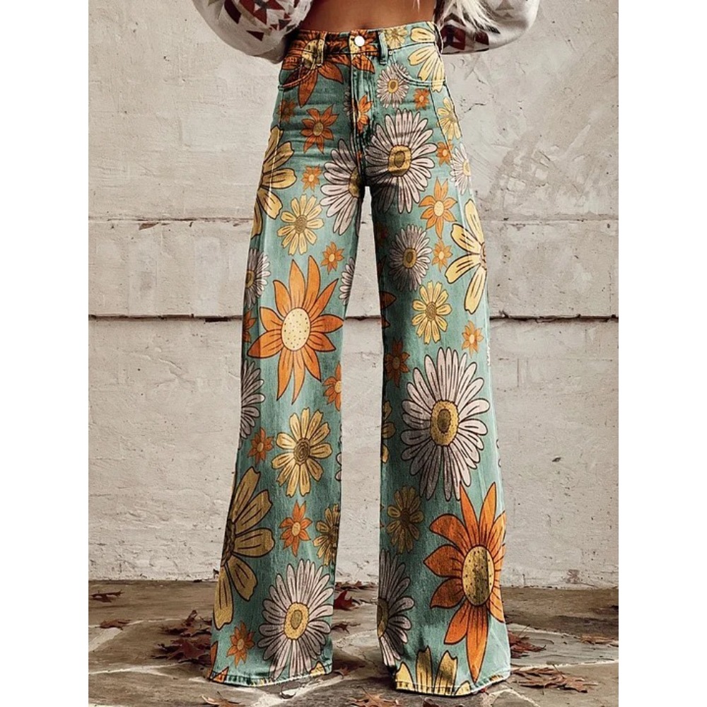 Wide Leg Trouser 70S - Dames schattige retro wave madeliefjesprint hoge