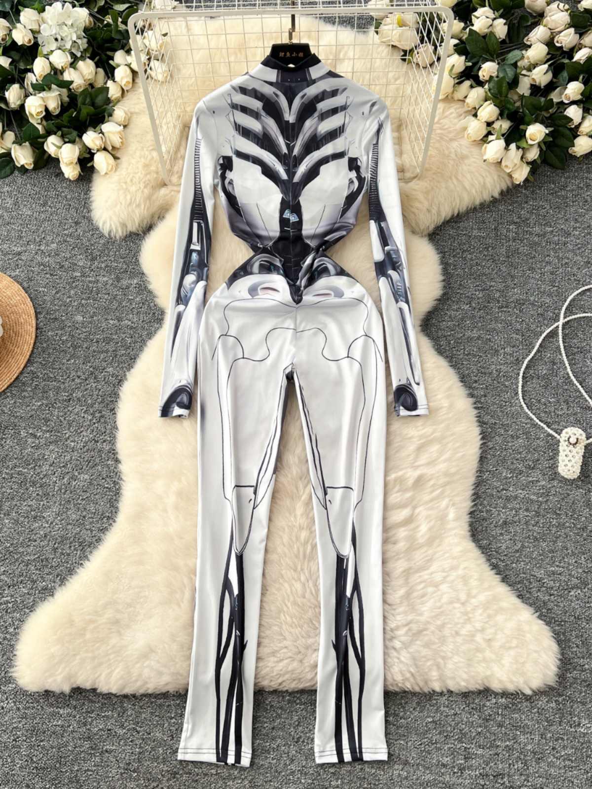 Vintage Fashion Club - Dames grijze print jumpsuits vintage lange
